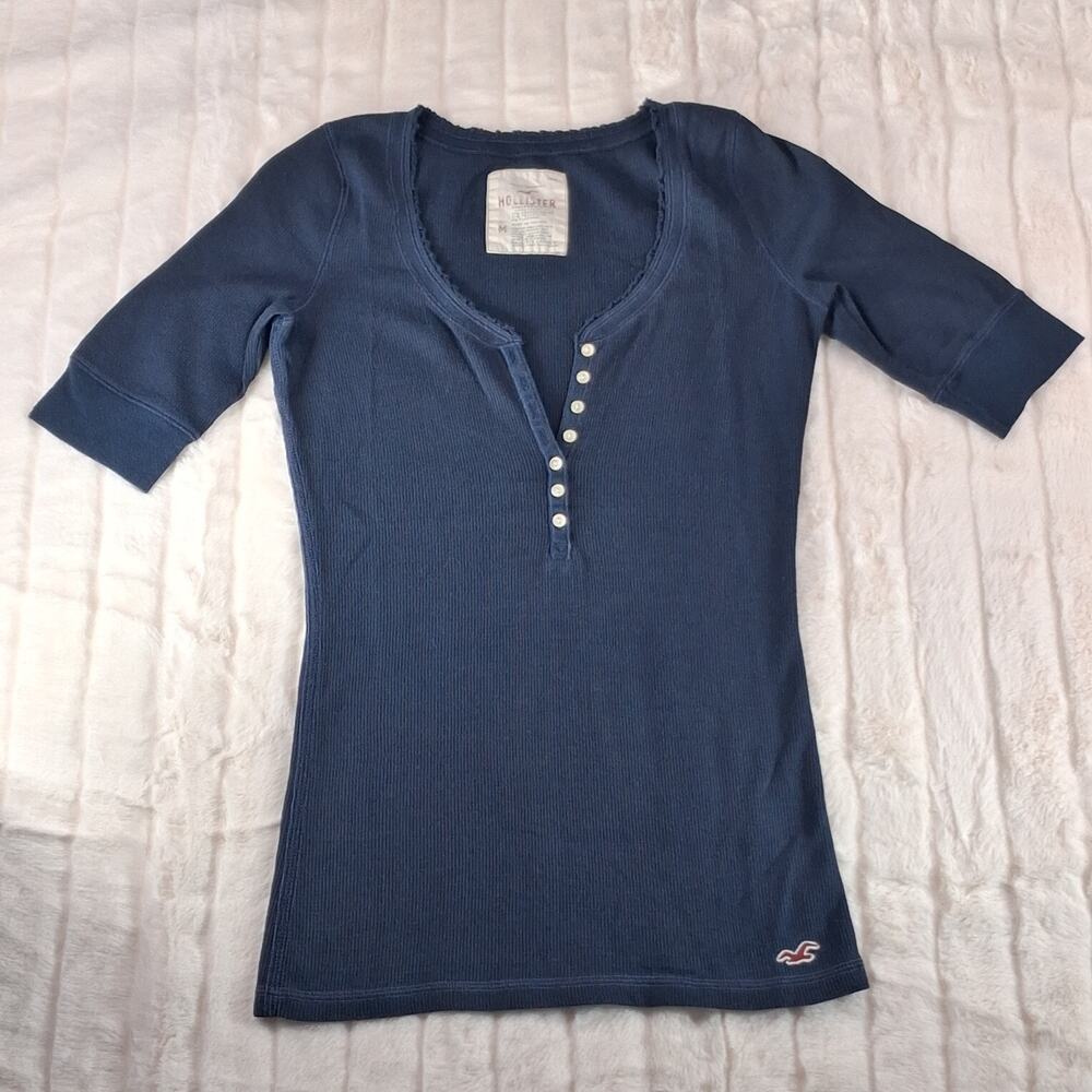 Y2K Hollister Henley Top Size Medium Navy Blue Bella 3/4 Sleeve